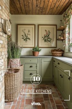 a kitchen with green cabinets and brick flooring