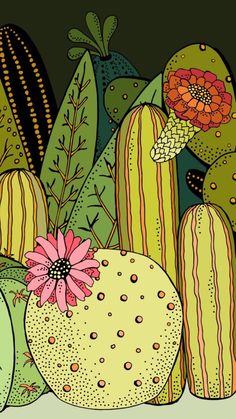 a painting of cactuses and flowers on a green background