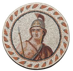 an ancient roman mosaic with a man holding a spear in his right hand and wearing a helmet on the other side