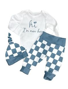 Return Policy Fast Delivery Trusted seller Baby Boy Clothes Newborn Boy Outfits Infant Letter Print Romper Long Pants Hat 3PCS Baby Boy's Clothing Product Description ❤?【Comfortable Material】: baby boy clothes are made of cotton, soft, breathable,skin-friendly and elastic fabric, which makes your baby wear more healthy and comfortable, and makes you more assured. ❤?【3PCS Baby Boy Outfits】: Newborn boy clothes--"hi I'm new " letter print romper onesie with snap button design, easy to put on and take off, make diapers changing more easier, blue and white checkerboard plaid pants and cute hat, very stylish and comfortable, make your boy very cute and handsome. ❤?【Suitable for Many Occasions】: The newborn boy outfits suitable for Spring/Summer/Fall/Winter. Perfect for leisure, daily wear, slee Best Baby Boy Gifts, Newborn Boy Outfits, Romper Long Pants, Newborn Boy Clothes, Baby Boy Clothes Newborn, Baby Shower Gifts For Boys, Elastic Fabric, Boy Clothes, Cute Hats