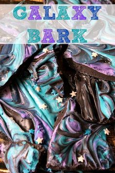 galaxy bark cookies with blue and purple icing