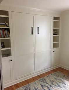 a living room with white bookcases and a rug in front of the bookshelves