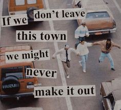 an image of people crossing the street in front of cars and trucks with words written on them