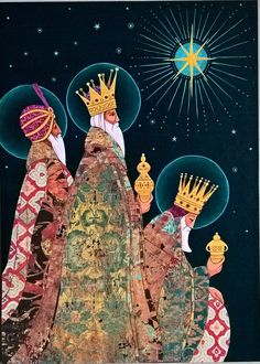 an image of three kings with crowns on their heads in the night sky, surrounded by stars