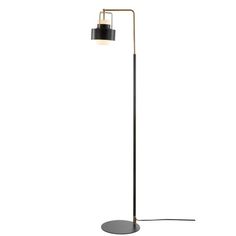 a floor lamp with a black and white shade on the top, an adjustable light bulb is