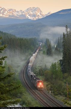 a train is traveling through the mountains with fog on it's tracks and trees