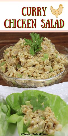 a bowl filled with chicken salad next to lettuce leaves on a white plate