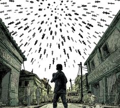 a man standing in the middle of an alley with lots of birds flying above him