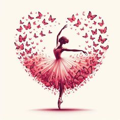 a ballerina in a pink tutu with butterflies around her and the shape of a heart