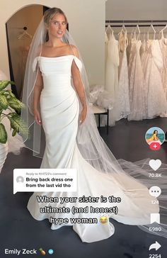 a woman standing in front of a wedding dress with the caption'when your sister has the ultimate and highest style woman '