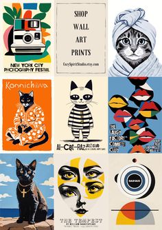 several different posters with cats and other things in the same color scheme, including an image of