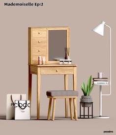 a wooden desk with a mirror, stool and lamp next to it on a beige background