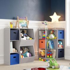 a child's playroom with toys and bookshelves