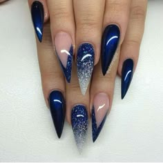 35 Easy & Cool Glitter Nail Art Ideas You Will Love To Try Blue Gel Nails, Navy Nails, Nails With Glitter, Stiletto Nail Art, Valentine Nails, Blue Acrylic Nails, Stiletto Nails Designs, Her Nails, Blue Nail