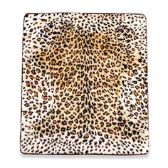 an animal print rug on a white background with black spots and brown spots, in the shape of a square