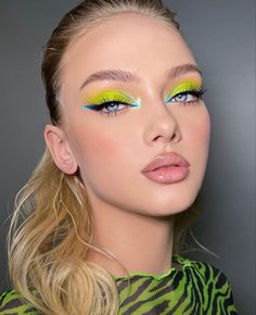 Neon Green Makeup Looks, Yellow And Green Makeup, Green And Yellow Makeup, Yellow Makeup Looks, Neon Eye Makeup, Vibrant Makeup, Yellow Makeup, Neon Makeup, Barbie Makeup