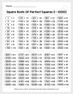 the square roots of perfect squares worksheet is shown in this image, and it shows