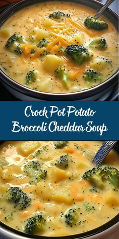 two pictures of broccoli and cheese soup in pans with the same recipe