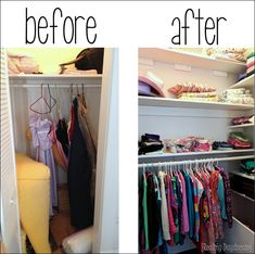 before and after photos of an organized closet