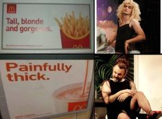 four different pictures with the same woman sitting on a chair and one man standing in front of a mcdonald's sign