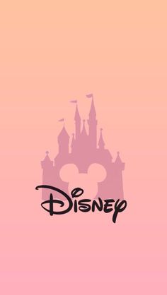 the disney logo is shown in black on a pink background with castle silhouettes behind it