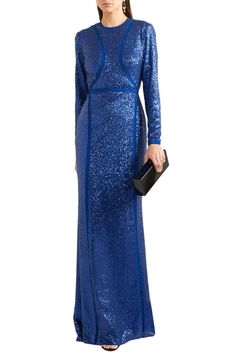 Inspired by oceanic hues and shimmering water, Elie Saab's gown is saturated with 'Pacific Blue' sequins that beautifully catch the light. This silk-blend piece is cut for a close, figure-hugging fit and spliced with tulle panels that are cleverly placed to slim your frame. Wear it to galas, awards ceremonies and formal events with an updo and simple black or metallic accessories. Princess Marie wore the gown in a sleeveless version. This floor length gown clings close to the body. It is crafted Blue Sequined Evening Dress For Wedding, Royal Blue Sequined Evening Dress, Blue Sequined Gown For Gala, Glamorous Blue Gown For Evening, Glamorous Blue Evening Gown, Festive Evening Gown With Contrast Sequin, Blue Sequined Floor-length Evening Dress, Festive Contrast Sequin Gown For Gala, Festive Contrast Sequin Gala Gown