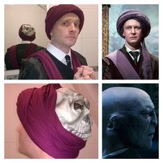 four different pictures of men with headscarves and scarves on their head, one wearing a turban