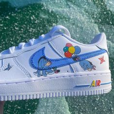 Create your own airforce 1! Simply chose your own design, let me know which character you would like and let me do the rest :) Hand painted on authentic Airforce 1s, these unique custom trainers would be the perfect gift or even treat for yourself!  All of my customs are prepped well and hand painted with Angelus leather paints, they are also sealed with either a gloss or flat matte finisher. This allows the paint to be waterproof and scratch proof, however please keep in mind that the trainers Airforce 1s, Painted Air Force 1, Custom Sneakers Nike, Shoes For School, Cartoon Shoes, Summer Shoe