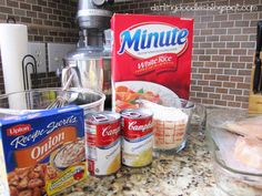 the ingredients for making an oatmeal smoothie are on the kitchen counter