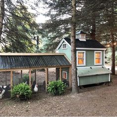 a chicken coop in the woods with two chickens on it's side and a small house next to it