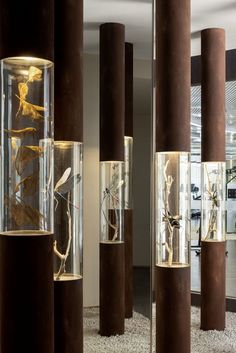 several glass vases with plants in them on the floor next to tall brown pillars