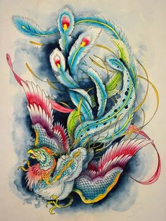 an artistic painting of a dragon and two birds