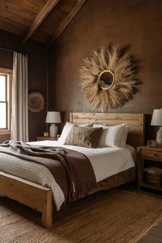 a bedroom with brown walls and white bedding