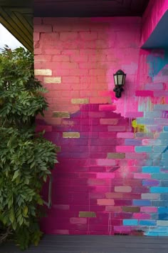 a pink and blue painted brick wall next to a green bush with a lamp on it