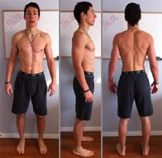 three pictures of a man with no shirt standing in front of a whiteboard