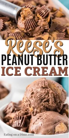 reese's peanut butter ice cream in a white bowl with chocolate chunks on top