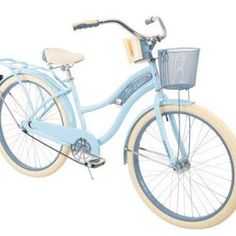 an image of a blue bicycle with basket on the front and back tire rims