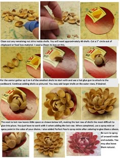 step by step instructions on how to make a flower out of paper and wood scraps