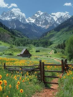 an open field with mountains in the background and flowers growing on the ground near a wooden fence