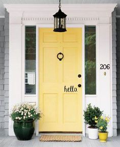 a yellow front door with the words home upgrades that pay off on it and an image of