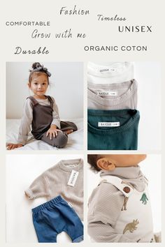 Clothing for babies and children from 0 to 6 years old made here in Quebec/ Canada. Our "grow with me'' clothes are comfortable and timeless. The designs are exclusive to Bajoue; we design them ourselves. Our fits are unique and unisex. Fashion Kids, Kids Outfits