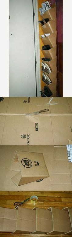 two pictures of boxes with knives in them