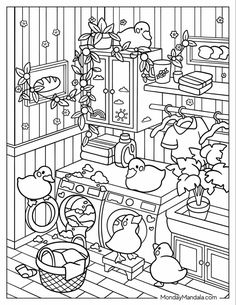 a coloring page for the kitchen with lots of things to color and play in it