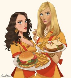 two women are holding plates with sandwiches and fries on them, one is pointing at the other