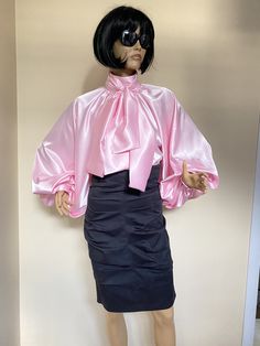 "This is a very stylish Womens Satin blouse. It is comfortable and cozy. Made for a free flowing fit. Great for all year around and for any special occasion or casual day can be dressed up or dressed down. SIZE CHART SIZE S - US 6, UK 8, EU 36 bust: bust around 34.5\"/90cm Waist: waist around 27.5\"/70cm Hips: hips around 34.5\"/90cm SIZE M - US 8, UK 10, EU 38 bust: bust around 37.5\"/95cm Waist: waist around 29.5\"/75cm Hips: hips around 37.5\"/95cm SIZE L - US 10, UK 12, EU 40 bust: bust arou Satin Bow Blouse, Puffy Sleeves Blouse, Black Satin Blouse, Bishop Sleeve Blouse, Victorian Collar, Nigerian Weddings, Pink Cocktails, Pink Cocktail, Sleeves Blouse