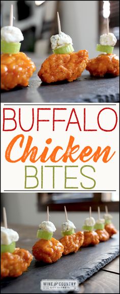 buffalo chicken bites are served with ranch dressing and pickles on toothpicks for an easy appetizer