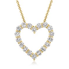 Ross-Simons - 1.00ct t. w. Lab Grown Diamond Heart Pendant Necklace in 14kt Yellow Gold. 16". Showcasing a timeless symbol of love, this modern design offers more sparkle for less. Our dazzling heart pendant necklace shimmers with 1.00 ct. t. w. round brilliant-cut lab-grown diamonds in polished 14kt yellow gold. Suspends from a cable chain with a 2" extender. Lab-grown diamonds are identical to mined diamonds according to their optical, physical and chemical properties. All Ross-Simons lab-grow Classic Single Cut Diamond Necklace For Valentine's Day, Classic Diamond Cut Necklace For Valentine's Day, Classic Brilliant Cut Diamond Necklace For Valentine's Day, Classic Open Heart Necklace With Brilliant Cut, Classic Necklace With Brilliant Cut Open Heart, Classic Diamond Necklace With Accents For Valentine's Day, Classic Open Heart Diamond Necklace, Classic Heart Pendant Diamond Necklace With Prong Setting, Brilliant Cut Yellow Gold Diamond Necklace For Valentine's Day