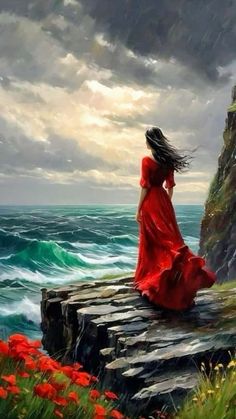 a painting of a woman in a red dress sitting on a cliff overlooking the ocean