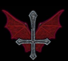 a cross with wings on it and a red dragon wing in the middle, against a black background