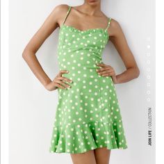 New With Tags Green Polka Dot Zara Dress Polka Dot Summer Mini Dress, Summer Polka Dot Mini Dress, Spring Polka Dot Mini Dress, Polka Dot Mini Sundress For Spring, Polka Dot Ruffled Sundress, Polka Dot Ruffled Sundress Mini Dress, Polka Dot Sundress For Spring, Polka Dot Sundress Mini Dress For Spring, Spring Polka Dot Sundress